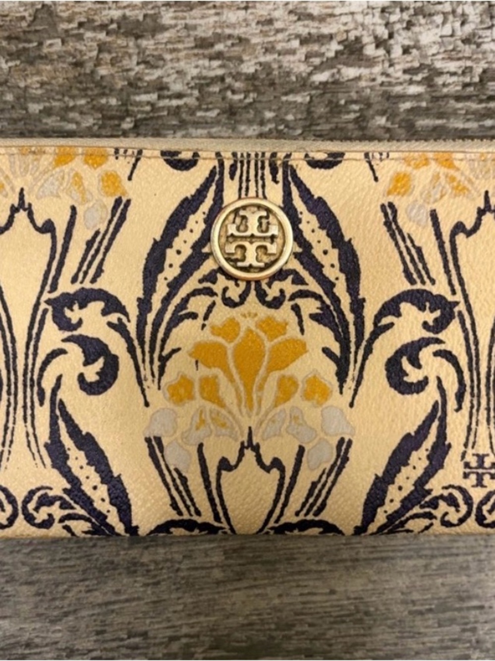 Tory Burch Cream Zipper Wallet (Navy & Mustard Floral Motif)